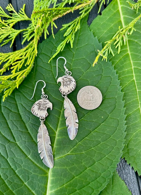 Eagle overlay with feather sterling silver dangle earring by Marla Skye